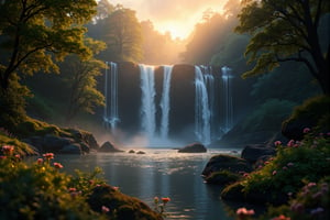 A majestic waterfall cascades down a rocky slope, surrounded by lush greenery and vibrant flowers. Soft golden light illuminates the misty veil rising from the water's edge, casting a warm glow on the tranquil forest floor. The camera pans across the natural wonder, capturing the gentle dance of sunlight and shadows as day yields to night. Framed within a serene sunset scene, the camera captures the subtle nuances of fading daylight, with warm hues of orange and pink mingling with the soft golden light.