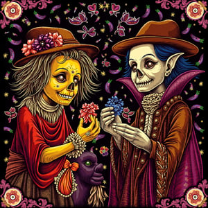 A vibrant, high-detailed batik art featuring a scarecrow and a vampire holding a candy. The batik style showcases intricate patterns and vibrant colors, blending traditional batik techniques with the whimsical theme of a scarecrow and vampire sharing a sweet moment. The composition highlights the harmonious fusion of folklore characters and the beauty of batik art.