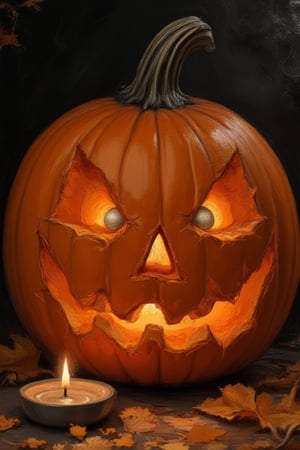 A highly detailed, hyperrealistic painting of a pumpkin with a carved face, lit from within by a candle.