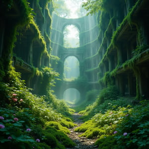 Abandoned, sprawling metropolis covered in lush green moss, towering trees, and blooming flowers, 8K resolution, cinematic wide-angle shot, dramatic lighting with shafts of sunlight piercing through overgrown structures, intricate details of crumbling buildings and nature's reclamation, serene yet eerie atmosphere, high detail, vibrant colors contrasting with decay.