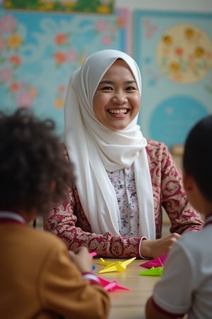 A white hijab-wearing Indonesian teacher in batik-patterned attire laughing with 5-year-old children in a classroom. Ultra-high detailed, 8k resolution, capturing the joyful atmosphere and the intricate batik designs on her clothing. The scene is set during a teaching session, with the teacher in the center, framed by the students' desks, showcasing the lively interaction between the teacher and her young pupils, who are holding colorful paper airplane toys.