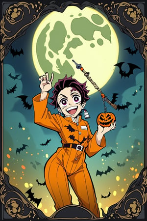 A whimsical Kamado Tanjiro from the hit anime series Demon Slayer stands amidst a spooky autumnal setting at a Halloween party. The character, donning his iconic orange jumpsuit, holds a festive Halloween ornament in hand, surrounded by glowing jack-o'-lanterns and cobweb-covered candelabras. The eerie atmosphere is illuminated by a full moon, casting an otherworldly glow on the festivities.