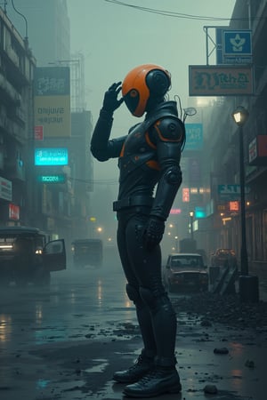 8K UHD digital art, photorealistic dystopian cyberpunk scene. A humanoid robot with an orange head and large black eyes stands tall against a misty post-apocalyptic cityscape. Wearing a black leather jacket, it raises its right hand near its head, as if examining or waving at something unseen. The urban street is lined with neon signs and advertisements, casting a futuristic glow amidst the ruins of abandoned vehicles and dilapidated buildings. Fog swirls around the robot, shrouding it in mystery as it stands sentinel in this dystopian landscape.