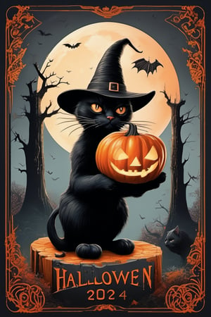 A dark, misty night setting with a faint full moon casting an eerie glow. A sleek black cat, wearing a pointy witch's hat and a mischievous grin, holds a piece of paper in its paw. The paper is adorned with bold, orange letters reading 'Halloween 2024'. The cat's eyes sparkle with magic as it sits atop a crumbling stone tombstone, surrounded by twisted cypress trees and overgrown vines.