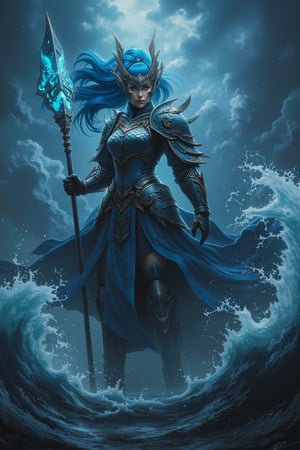 8K UHD digital painting, Gonggong, the paladin goddess, stands victorious amidst turbulent waters. Dark iron and scale armor glisten in a dimly lit, misty atmosphere. Her dragon-adorned helmet and breastplate, etched with tidal waves and serpents, reflect her dominion over oceans and rivers. A massive trident crackles with deep energy, while a shield emblazoned with roaring sea waves glows. Gonggong's dynamic pose captures her summoning a mighty tidal wave, with blue hair flowing like water behind her. The divine, water-soaked ground beneath her feet seems ready to unleash her full fury upon the battlefield.