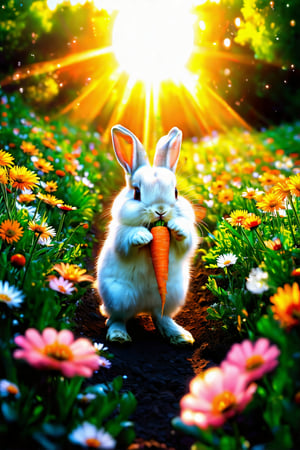 Realistic, masterpiece, Midday sun casts warm rays on a vibrant flower field, with a playful rabbit snatching a crunchy carrot. Chibi-style cuteness abounds as the rabbit's tiny paws grasp the orange prize, its whiskers twitching with excitement. The flowers' soft petals and gentle sway create a serene backdrop for this whimsical moment. Midjourney style, anime style,