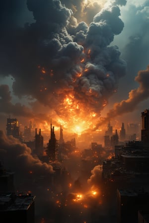 8K UHD image, realistic depiction of Armageddon, apocalyptic scene with massive destruction, crumbling buildings, fiery explosions, dark smoke filling the sky, chaotic atmosphere, dynamic composition, focused on the intense action and devastation, immersive environment blending urban, celestial, and catastrophic elements.