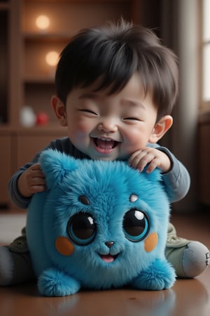 8K ultra-high detailed image of a cute, chubby 5-year-old boy mascot Flux TenTen, happily smiling while hugging his beloved blue TenTen plush toy. The scene is framed with a close-up, capturing the boy's adorable, round face and the intricate details of the plush toy. Soft, warm lighting highlights their joyful expressions, creating a heartwarming atmosphere. The background is softly blurred, focusing attention on the boy and his cherished toy.