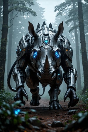 A futuristic rhino cyborg emerges from a misty forest clearing, its metallic body glistening in the soft morning light. The camera frames the creature's powerful build and glowing blue eyes as it stands amidst towering trees, their leafy canopies swaying gently in the breeze. The cyborg's rugged texture and glowing blue accents contrast with the natural surroundings, creating a captivating fusion of organic and synthetic elements.