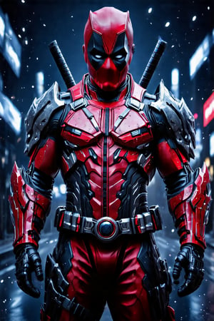 Deadpool  in cyborg armor, Mecha suit, realistic, steel texture, luxurious, metal, sparkle, shiny