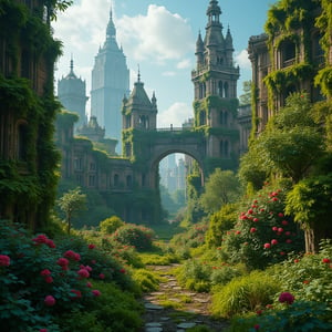 Aerial view of an overgrown, deserted London city, covered in vibrant green moss, towering trees, and blooming flowers, high detailed 8K resolution, cinematic composition, clear blue sky with soft sunlight casting shadows, intricate details of nature reclaiming iconic landmarks, serene yet haunting atmosphere, vibrant colors contrasting with decay.