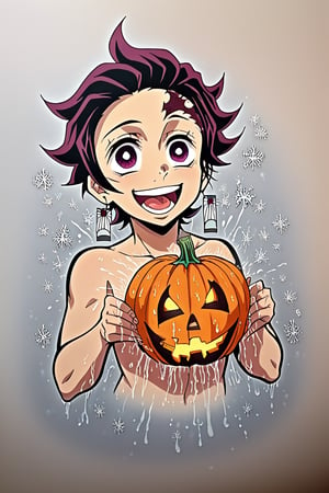 Kamado Tanjiro stands amidst a spooky autumn backdrop, surrounded by cobweb-covered lanterns and jack-o'-lanterns aglow. The demon slayer's eyes gleam with excitement as he holds a handmade 'Happy Halloween' sign, adorned with glittering ornaments that cast a warm, orange glow. A shower of artificial snowflakes surrounds him, adding to the whimsical atmosphere.