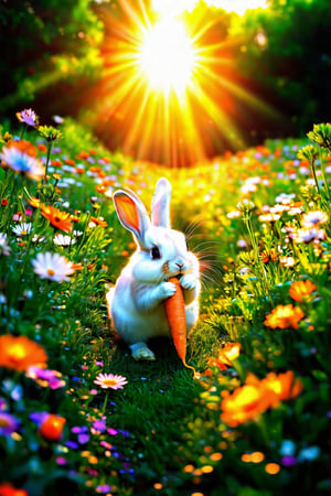 Realistic, masterpiece, Midday sun casts warm rays on a vibrant flower field, with a playful rabbit snatching a crunchy carrot. Chibi-style cuteness abounds as the rabbit's tiny paws grasp the orange prize, its whiskers twitching with excitement. The flowers' soft petals and gentle sway create a serene backdrop for this whimsical moment. Midjourney style, anime style,