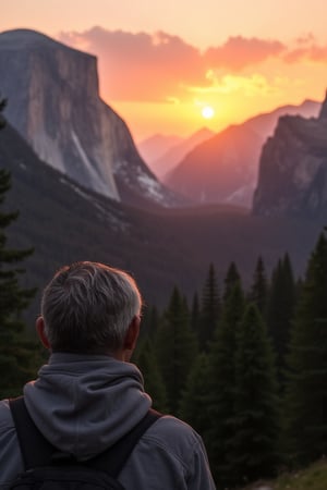 An ultra high detailed, 8K image of a stunning mountain landscape at sunset, with the sun setting behind the peaks, casting a warm glow over dense trees. In the distance, an elderly man, aged 60, gazes at the sunset. The serene scene captures the natural beauty and the man's contemplative expression, framed by the golden light of the setting sun.