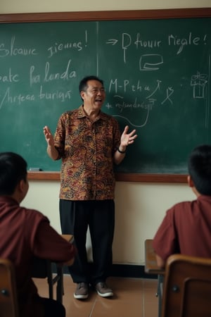 An Indonesian teacher passionately teaching in front of a classroom, wearing a batik-patterned shirt, black long pants, and leather shoes. He stands in front of a chalkboard, enthusiastically explaining concepts. Ultra-high detailed, 8k resolution, with sharp focus on the teacher's animated gestures and the intricate details of the chalkboard. The scene is brightly lit, capturing the dynamic interaction between the teacher and the chalkboard, framed by students' desks.