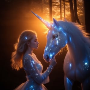 Whispering Forest Twilight: A surreal 8K image featuring a mystical scene where a blonde-haired maiden in an ethereal white gown, embroidered with deep blues and silvers, stands amidst a golden-lit forest. Her eyes radiate a soft luminescence as she reaches out to touch the horn of a majestic unicorn, its snowy coat glistening and horns shimmering in a kaleidoscope of colors. The atmosphere is alive with tiny sprites of light fluttering around them. The camera pans slowly between the girl and the unicorn, highlighting their intimate connection. In the background, the silhouette of a dark forest adds depth, while the warm orange glow of sunset envelops the duo, crafting a whimsical world for just these two.