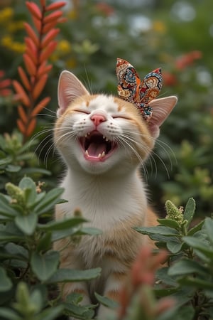 A cat with a batik-patterned ribbon on its ear, happily laughing with eyes closed, in a garden setting. Ultra-high detailed, 8k resolution, capturing the cat's joyful expression and the intricate batik design on the ribbon. The scene is set in a lush garden, with the cat in the center, framed by vibrant plants and flowers, showcasing its playful and content pose.