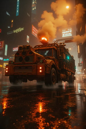 8K UHD image, a futuristic cityscape bathed in a dim orange glow, with rain-soaked streets reflecting neon lights of cyberpunk architecture. Amidst this dystopian backdrop, a steampunk garbage truck emerges, its DUMP signal beaconing atop a latticework of copper pipes and brass fixtures. The vehicle's rusty exterior gleams with an oily sheen, while steam hisses from vents, misting the air. Voluminous rain effects dance across the frame, accentuating the gritty atmosphere as the truck rumbles forward, its cybernetic augmentations glistening in the flickering light.