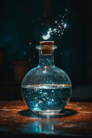 A clear glass potion bottle sits atop a darkened room's wooden table, illuminated by soft, ethereal light. The potion's contents reveal a breathtaking celestial scene: swirling galaxies, shimmering planets, and stars twinkling like diamonds against a deep blue-black canvas. A tiny, luminous sprite flits about the bottle's rim, leaving trails of glittering sparks in its wake. UHD resolution captures every detail, from the delicate glass curves to the whimsical sprite's mischievous antics.