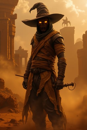 8K UHD realistic fantasy image, a masked bounty hunter stands amidst a mystical desert landscape. The hunter wears a mummy-like bandaged outfit, with a witch's hat perched atop their head. The mask is intricately detailed, with glowing eyes and a menacing expression. The mummy's bandages are weathered and tattered, revealing glimpses of the bounty hunter's skin beneath. The witch's hat adds an element of magic and mystery to the character. The scene is bathed in a warm, golden light, with sand dunes and ancient ruins in the background, creating a sense of adventure and danger.