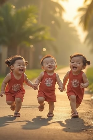 An ultra high detailed, 8K image of three chubby, cute 3-year-old children, with round faces, walking together, returning from play with a ball. It's late afternoon, with coconut trees by the roadside. They laugh happily, their joyful expressions and the serene setting captured in a warm, golden light.