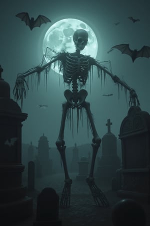 A creepy skeleton scarecrow stands eerily in a moonlit graveyard, surrounded by TOMBSTONES. Bats flutter ominously in the dark sky under a full moon. The scene is bathed in eerie, dim light, with the scarecrow's skeletal frame casting long, haunting shadows. The composition is centered on the scarecrow, with the TOMBSTONES and bats adding to the horror theme. The scarecrow's pose is menacing, adding to the overall spooky atmosphere.