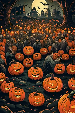  haunting scene: a group of creepy zombies, their eyes glowing with an otherworldly light, are gathered around a giant pumpkin, its carved face twisted into a menacing grin. The camera frames the shot from low angle, looking up at the undead horde as they grasp and claw at the pumpkin, illuminated by flickering jack-o-lanterns casting eerie shadows on the surrounding tombstones.