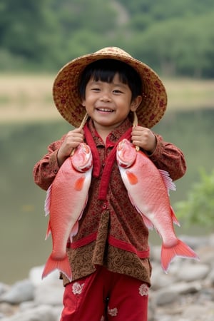 An ultra high detailed, 8K image of a 6-year-old child wearing a batik-patterned hat, proudly carrying three large red arwana fish, with a happy expression. The scene is set by the riverbank, capturing the serene natural setting and the child's joyful moment in the soft, natural light.