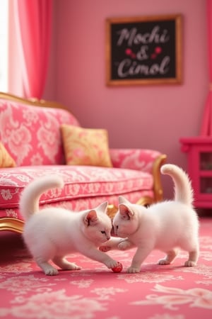 An ultra high detailed, 8K image of two white cats playing with a ball in a luxurious pink living room, featuring a batik-patterned sofa. On the wall, a small chalkboard reads Mochi & Cimol. The vibrant colors and playful atmosphere are captured in the elegant setting, highlighting the cats' joyful interaction and the room's luxurious decor.