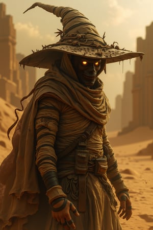 8K UHD realistic fantasy image, a masked bounty hunter stands amidst a mystical desert landscape. The hunter wears a mummy-like bandaged outfit, with a witch's hat perched atop their head. The mask is intricately detailed, with glowing eyes and a menacing expression. The mummy's bandages are weathered and tattered, revealing glimpses of the bounty hunter's skin beneath. The witch's hat adds an element of magic and mystery to the character. The scene is bathed in a warm, golden light, with sand dunes and ancient ruins in the background, creating a sense of adventure and danger.