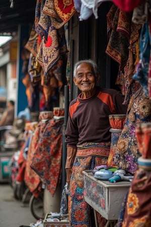 A ultra high detailed, 8K image of an elderly man, aged 70, selling batik-patterned accessories by the roadside. He stands happily in his small shop, looking at approaching customers. The shot is framed in a wide, distant view, capturing the vibrant street scene and his joyful expression.