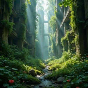 Abandoned, sprawling metropolis covered in lush green moss, towering trees, and blooming flowers, 8K resolution, cinematic wide-angle shot, dramatic lighting with shafts of sunlight piercing through overgrown structures, intricate details of crumbling buildings and nature's reclamation, serene yet eerie atmosphere, high detail, vibrant colors contrasting with decay.