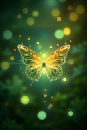 A tranquil, verdant clearing with a luminous butterfly hovering mid-air. Its iridescent wings aglow, delicate form suspended, intricate patterns and shimmering colors illuminated by soft, diffused light. Warm glow cast on lush greenery, composition centered, capturing the butterfly's serene pose amidst foliage, ethereal beauty and magic of the glowing insect.