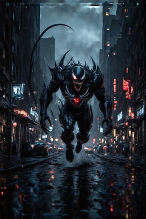 A dark, misty cityscape at dusk sets the tone as a menacing cyborg robot, resembling Venom, emerges from the shadows. Its metallic body glistens with an eerie sheen under the flickering streetlights, while its glowing red eyes pierce through the fog. The air is thick with tension as it hurtles down the deserted alleyway, its advanced limbs propelling it at incredible speed, leaving a trail of distorted reality in its wake, as if time and space are being warped by its very presence.