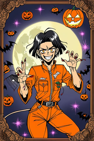 A whimsical Kamado Tanjiro from the hit anime series Demon Slayer stands amidst a spooky autumnal setting at a Halloween party. The character, donning his iconic orange jumpsuit, holds a festive Halloween ornament in hand, surrounded by glowing jack-o'-lanterns and cobweb-covered candelabras. The eerie atmosphere is illuminated by a full moon, casting an otherworldly glow on the festivities.