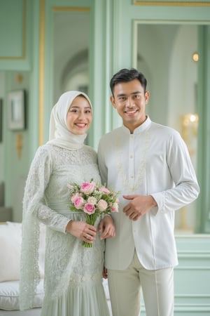 A 20-year-old bride in a white kebaya with a hijab stands beside a 25-year-old handsome groom in a white shirt, both smiling happily in a lavish light green-themed mansion. She holds a bouquet of pink flowers. Ultra-high detailed, 8k resolution. The scene is framed with elegant decor and soft lighting, capturing their radiant joy and the luxurious setting.