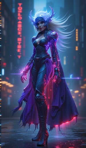 A stunning illustration of a cybernetic witch in a dystopian setting, with sparkling, glowing elements. The witch's intricate cybernetic enhancements emit a radiant light, casting a mesmerizing glow. The composition is dynamic, capturing the witch's powerful presence amidst the dystopian backdrop.