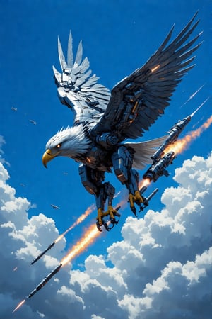 A majestic mecha eagle aircraft soars through a cloudless blue sky, its sleek body adorned with intricate mechanical details. The sharp gaze of the mecha's piercing eyes seems to pierce through the clouds as it banks and dives in mid-air, flapping its metallic wings with precision. A cluster of high-tech weaponry adorns its tail, ready to unleash a barrage of laser fire or missiles at a moment's notice. Against the vibrant blue background, the mecha eagle's mechanical feathers glisten with an otherworldly sheen.