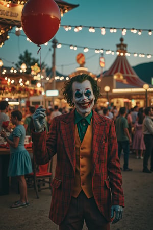 An ultra high detailed 8K image of the Joker holding a balloon at a supernatural Oktoberfest. The scene is rendered in realistic detail, capturing the Joker's iconic grin, the vibrant festival atmosphere, and the eerie, otherworldly elements of the supernatural Oktoberfest.