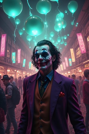 A highly detailed 8K realistic image of the Joker at Oktoberfest, surrounded by floating balloons. The scene is vibrant and chaotic, with the Joker's iconic makeup and costume contrasting against the festive backdrop. The balloons are supernatural, glowing with an eerie light. The lighting is dynamic, capturing the energy of the festival and the Joker's sinister presence. The composition is balanced, with the Joker in the foreground and the balloons floating around him. The overall atmosphere is surreal and unsettling, blending the festive and the supernatural.