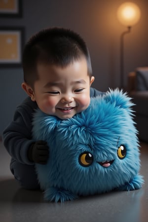 8K ultra-high detailed image of a cute, chubby 5-year-old boy mascot Flux TenTen, happily smiling while hugging his beloved blue TenTen plush toy. The scene is framed with a close-up, capturing the boy's adorable, round face and the intricate details of the plush toy. Soft, warm lighting highlights their joyful expressions, creating a heartwarming atmosphere. The background is softly blurred, focusing attention on the boy and his cherished toy.