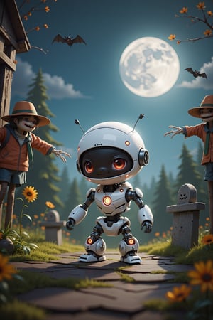 A chibi TenTen Cyborg stands in a creepy, realistic, and scifi-themed horror scene. Scarecrows, TOMBSTONE, and bats flying around create a spooky atmosphere. The image is detailed with a focus on the eerie environment and the cute yet creepy interaction between TenTen and the scarecrows.