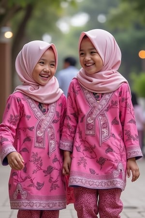 Two 10-year-old girls in pink batik uniforms, wearing hijabs, happily walking and laughing together. Ultra-high detailed, 8k resolution, capturing their joyful expressions and the intricate batik patterns on their uniforms. The scene is brightly lit, with the girls in the center, framed by their surroundings, showcasing their vibrant and cheerful interaction.