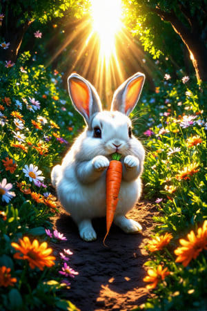 A sun-kissed masterpiece unfolds: Midday rays illuminate a tapestry of vibrant flowers, their delicate petals swaying softly in the breeze. Amidst this idyllic scene, a playful rabbit snatches a crunchy carrot with tiny paws, whiskers twitching with excitement. The warm light casts a gentle glow on the subject's fluffy fur and bright orange prize. Anime-inspired details abound: chibi-style cuteness shines through in the rabbit's endearing pose, as if frozen in delight.