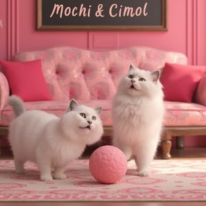 An ultra high detailed, 8K image of two white cats playing with a ball in a luxurious pink living room, featuring a batik-patterned sofa. One cat has gray nose and ears. On the wall, a small chalkboard reads Mochi & Cimol. The vibrant colors and playful atmosphere are captured in the elegant setting, highlighting the cats' joyful interaction and the room's luxurious decor.