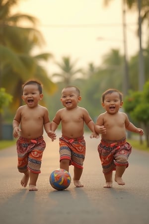 An ultra high detailed, 8K image of three chubby, cute Indonesian 5-year-old children, wearing colorful batik-patterned shorts, walking together, returning from play with a ball. It's late afternoon, with coconut trees by the roadside. They laugh happily, their joyful expressions and the serene setting captured in a warm, golden light. The shot is framed in a wide, distant view.