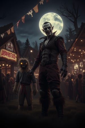 8K UHD image, Oktoberfest celebration under a full moon. A masked vampire and a scarecrow stand amidst the festivities, their costumes blending with the lively crowd. The vampire's mask is intricately detailed, with sharp fangs and glowing eyes, while the scarecrow's outfit is adorned with straw and patches. The full moon casts an eerie glow over the scene, highlighting the contrast between the festive atmosphere and the mysterious presence of the two characters. The composition captures the vibrant colors of Oktoberfest, with beer tents, traditional costumes, and lively music, while the vampire and scarecrow add an element of intrigue and mystery.