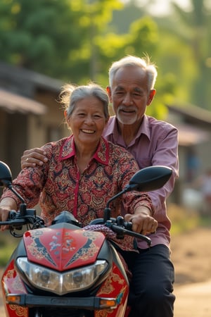 An ultra high detailed, 8K image of an elderly couple, aged 70, riding a batik-patterned motorcycle through a village. They laugh happily, their joyful expressions and the vibrant surroundings captured in the warm, natural light. The scene highlights the lively atmosphere of the rural setting.