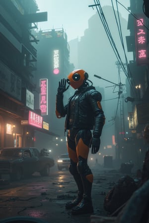 8K UHD digital art, photorealistic dystopian cyberpunk scene. A humanoid robot with an orange head and large black eyes stands tall against a misty post-apocalyptic cityscape. Wearing a black leather jacket, it raises its right hand near its head, as if examining or waving at something unseen. The urban street is lined with neon signs and advertisements, casting a futuristic glow amidst the ruins of abandoned vehicles and dilapidated buildings. Fog swirls around the robot, shrouding it in mystery as it stands sentinel in this dystopian landscape.