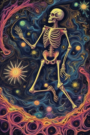 Vibrant, swirling patterns envelop a skeletal figure, its bony frame moving in rhythmic motion amidst a kaleidoscope of colors. Glowing orbs and wispy tendrils dance around the skeleton's outstretched limbs as it twirls through a whimsical realm of swirling shapes and geometric forms.